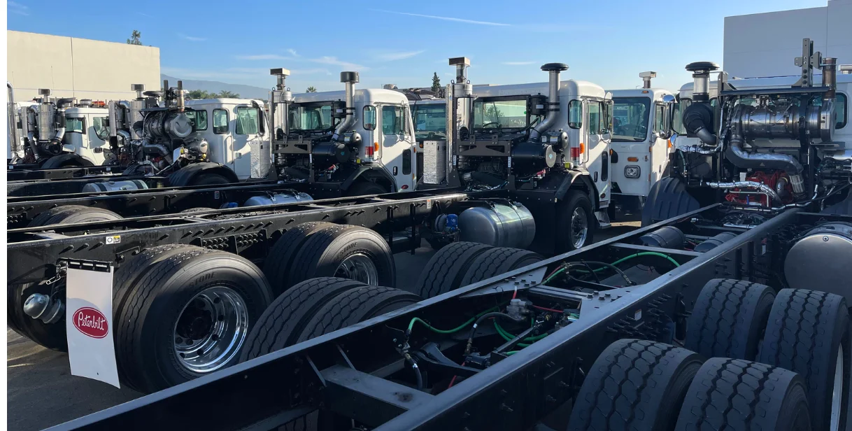 galbreath roll off trucks lined up for chassis repair